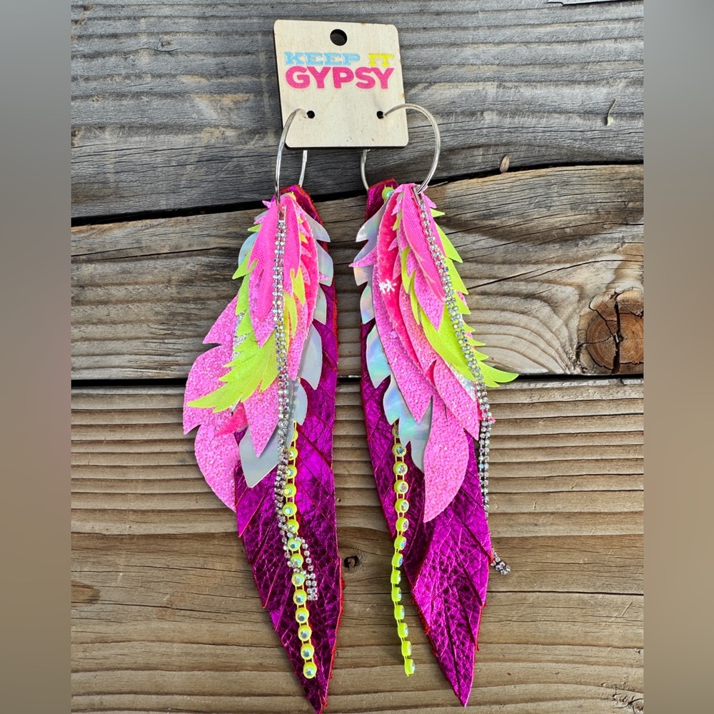 Keep It Gypsy Long Feather Earrings – Neon Pink & Yellow Western Boho Cowgirl